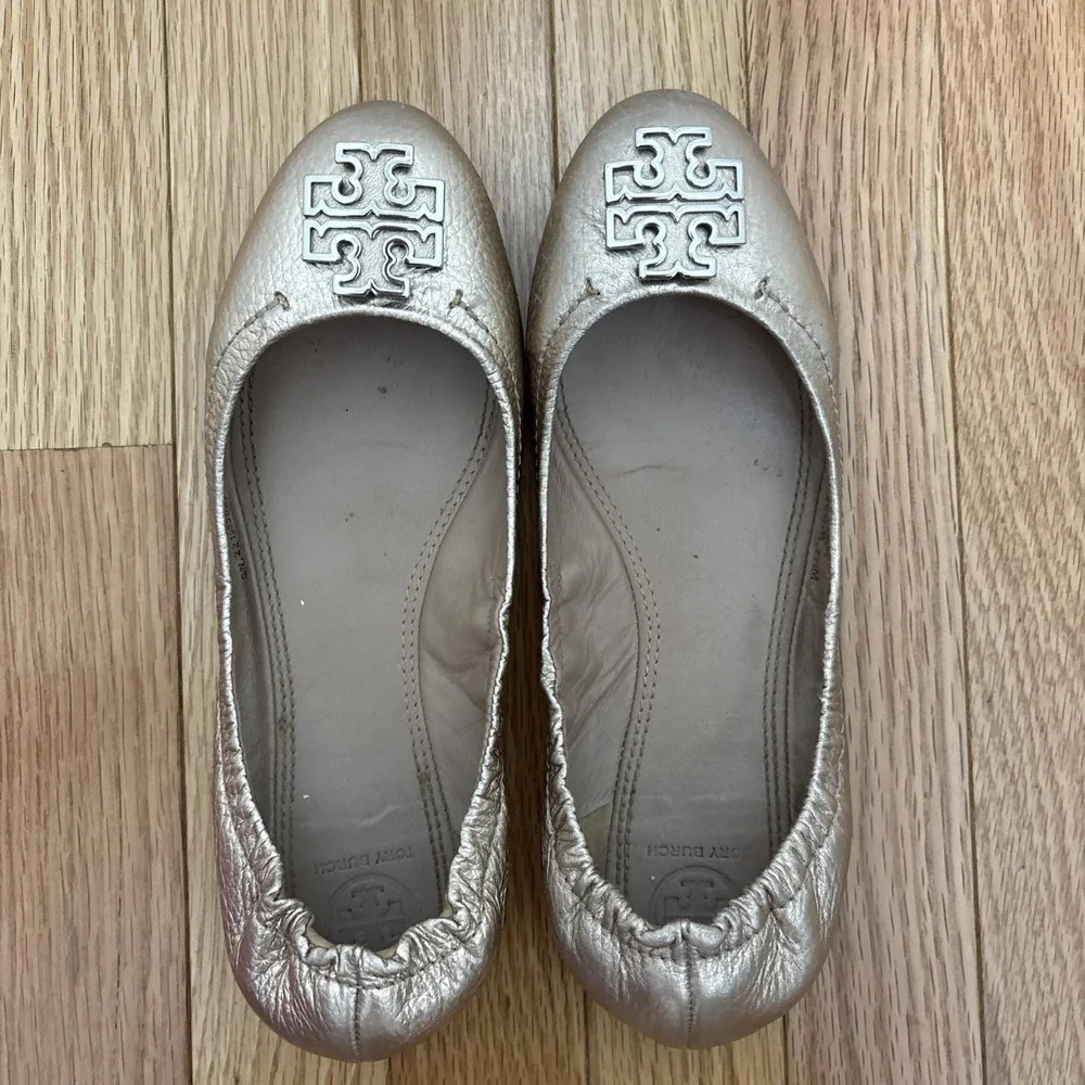 ⭐Tory Burch Minnie Travel Ballet Logo Flat‎ Gold Size 7.5